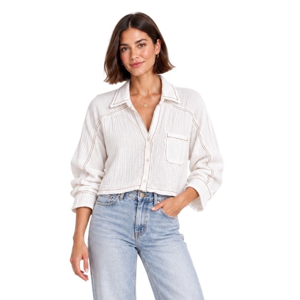 7 For All Mankind XS White Cotton Gauze Cropped Shirt Contrast Stitch Boxy